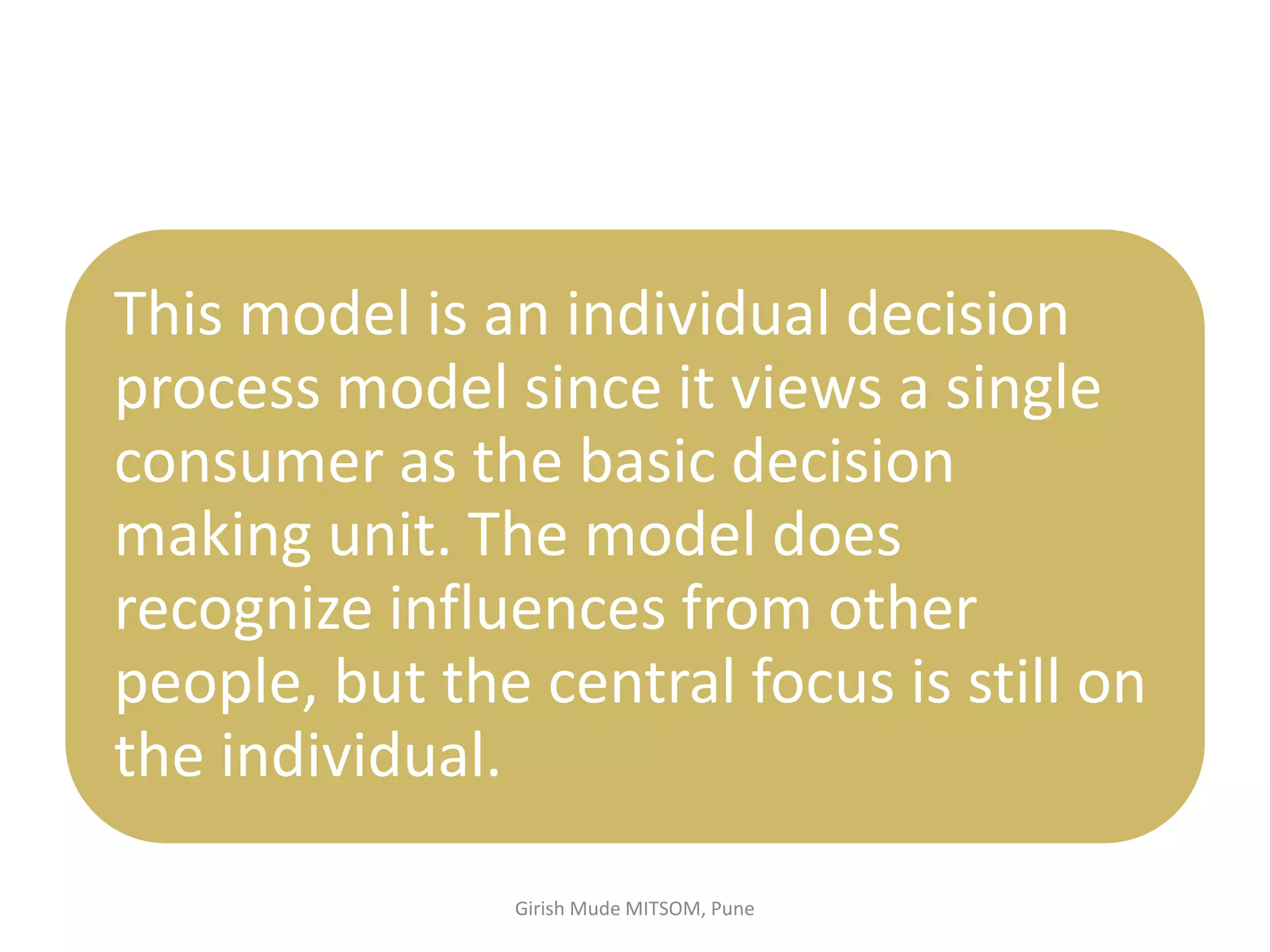 This model is an individual decision
process model since it views a single
consumer as the basic decision
making unit. The model does
recognize influences from other
people, but the central focus is still on
the individual.
Girish Mude MITSOM, Pune
 