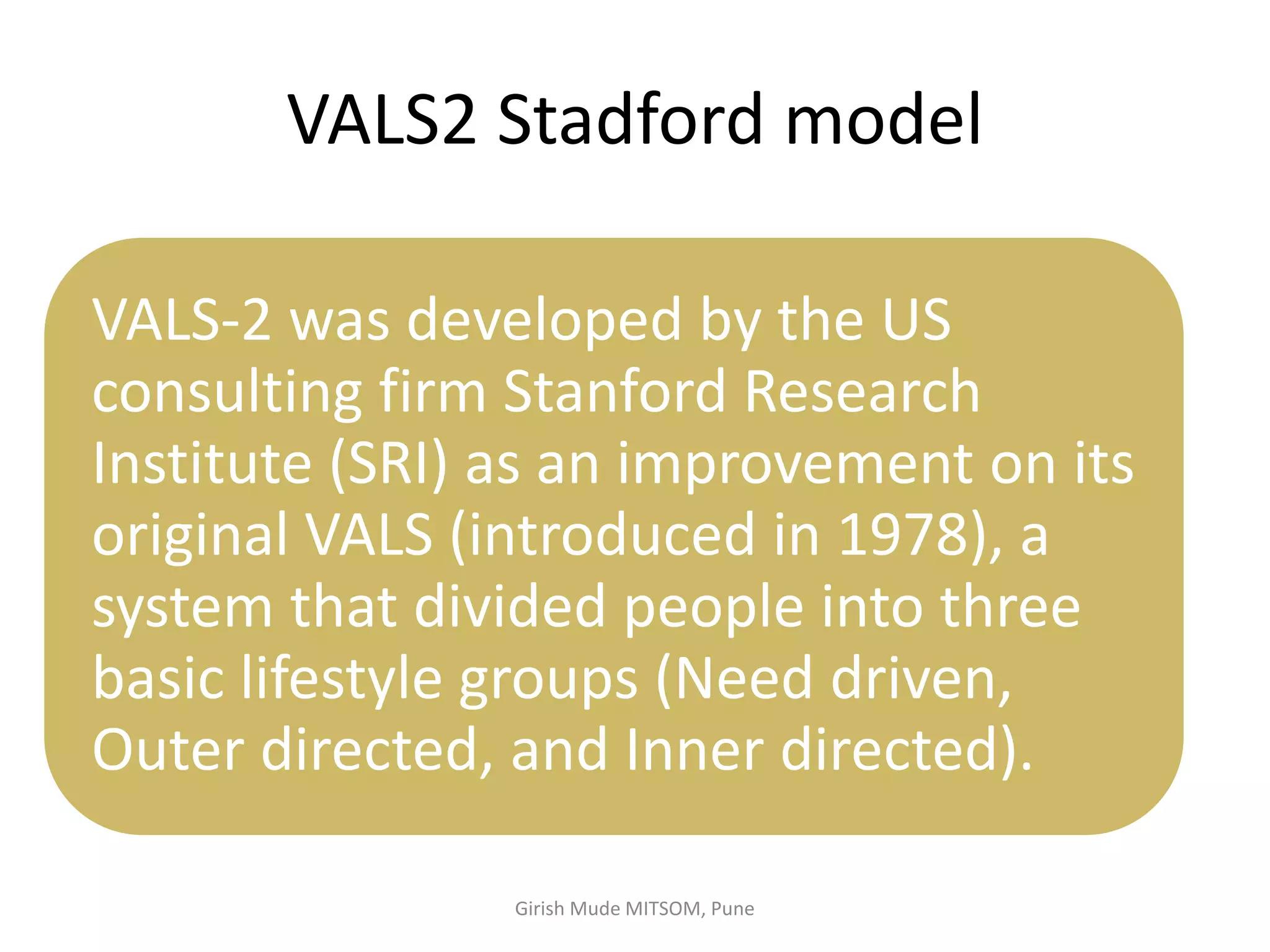 VALS2 Stadford model
VALS-2 was developed by the US
consulting firm Stanford Research
Institute (SRI) as an improvement on its
original VALS (introduced in 1978), a
system that divided people into three
basic lifestyle groups (Need driven,
Outer directed, and Inner directed).
Girish Mude MITSOM, Pune
 