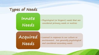 Types of Needs
• Physiological (or biogenic) needs that are
considered primary needs or motives
Innate
Needs
• Learned in response to our culture or
environment. Are generally psychological
and considered secondary needs
Acquired
Needs
 