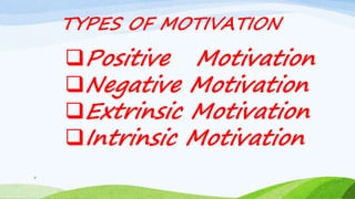 3
TYPES OF MOTIVATION
Positive Motivation
Negative Motivation
Extrinsic Motivation
Intrinsic Motivation
 