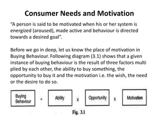 Consumer Needs and Motivation
“A person is said to be motivated when his or her system is
energized (aroused), made active and behaviour is directed
towards a desired goal”.
Before we go in deep, let us know the place of motivation in
Buying Behaviour. Following diagram (3.1) shows that a given
instance of buying behaviour is the result of three factors multi
plied by each other, the ability to buy something, the
opportunity to buy it and the motivation i.e. the wish, the need
or the desire to do so.
 