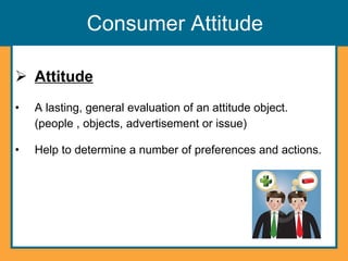 Consumer Attitude Attitude A lasting, general evaluation of an attitude object. (people , objects, advertisement or issue) Help to determine a number of preferences and actions. 