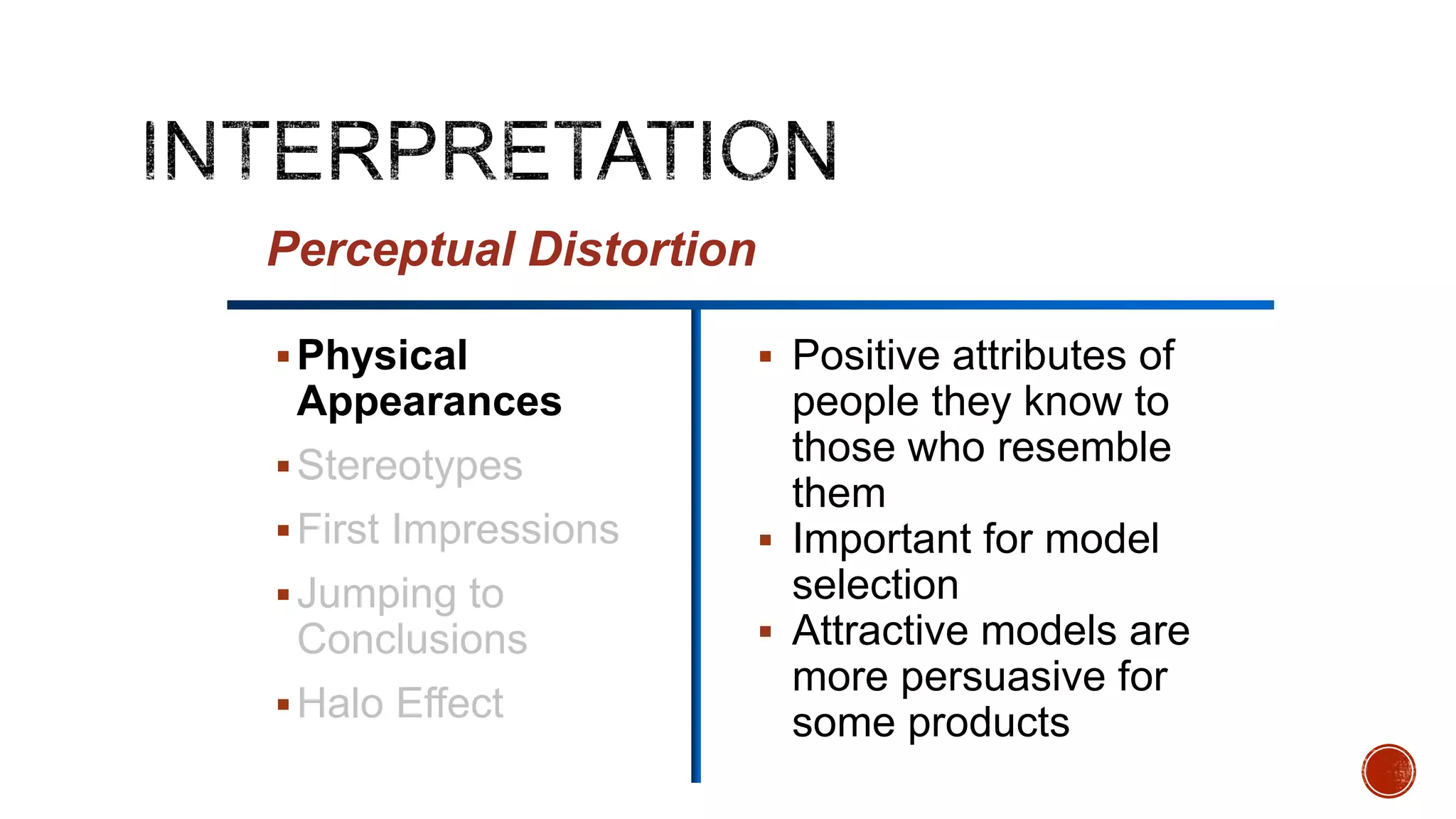 Physical
Appearances
Stereotypes
First Impressions
Jumping to
Conclusions
Halo Effect
 Positive attributes of
people they know to
those who resemble
them
 Important for model
selection
 Attractive models are
more persuasive for
some products
Perceptual Distortion
 