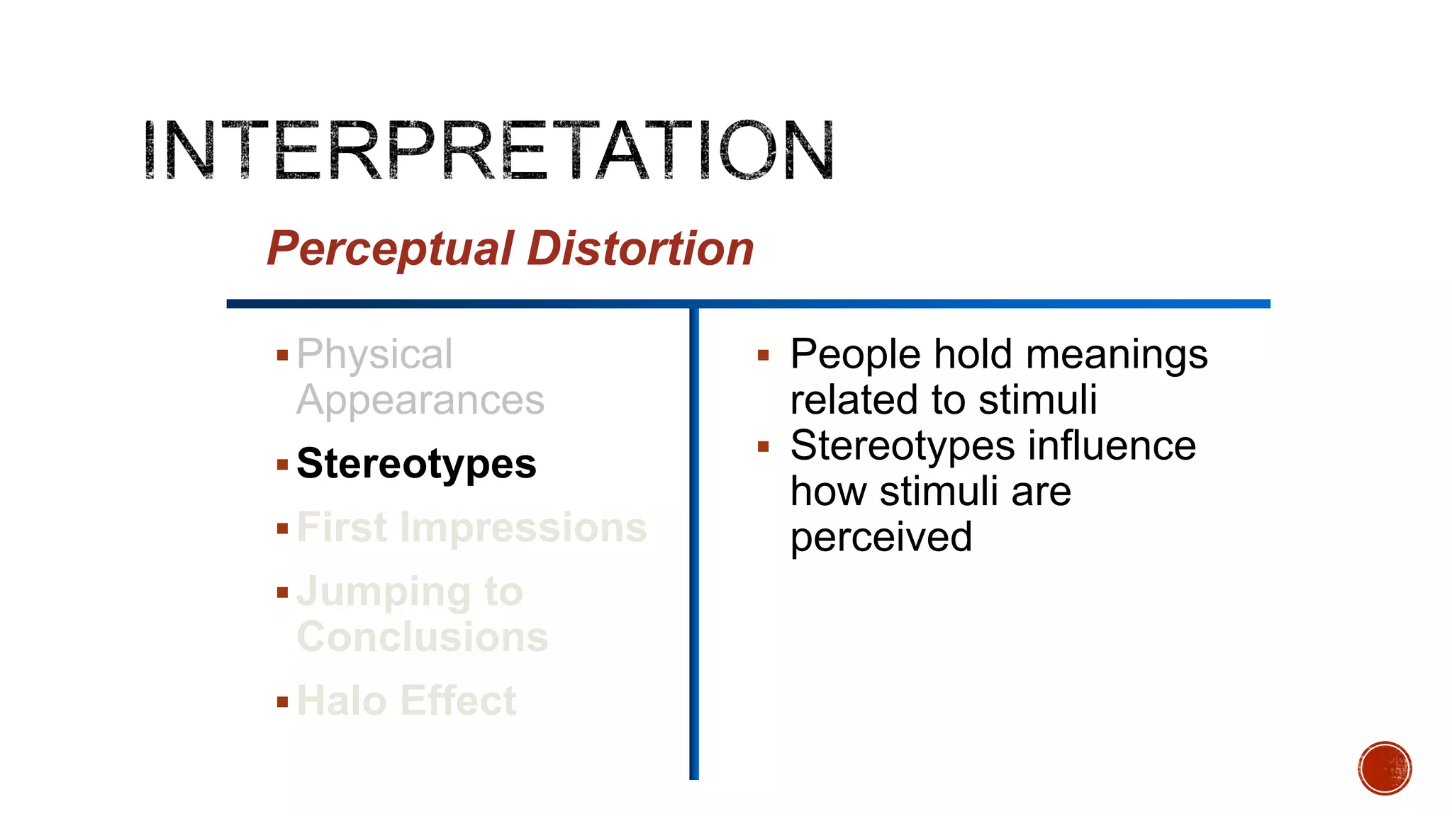 Physical
Appearances
Stereotypes
First Impressions
Jumping to
Conclusions
Halo Effect
 People hold meanings
related to stimuli
 Stereotypes influence
how stimuli are
perceived
Perceptual Distortion
 