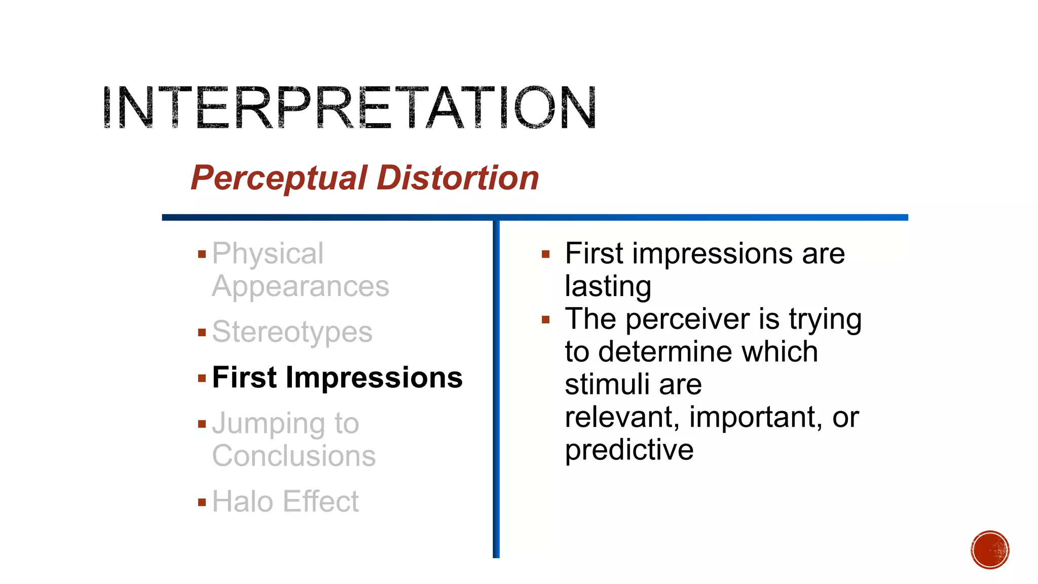 Physical
Appearances
Stereotypes
First Impressions
Jumping to
Conclusions
Halo Effect
 First impressions are
lasting
 The perceiver is trying
to determine which
stimuli are
relevant, important, or
predictive
Perceptual Distortion
 
