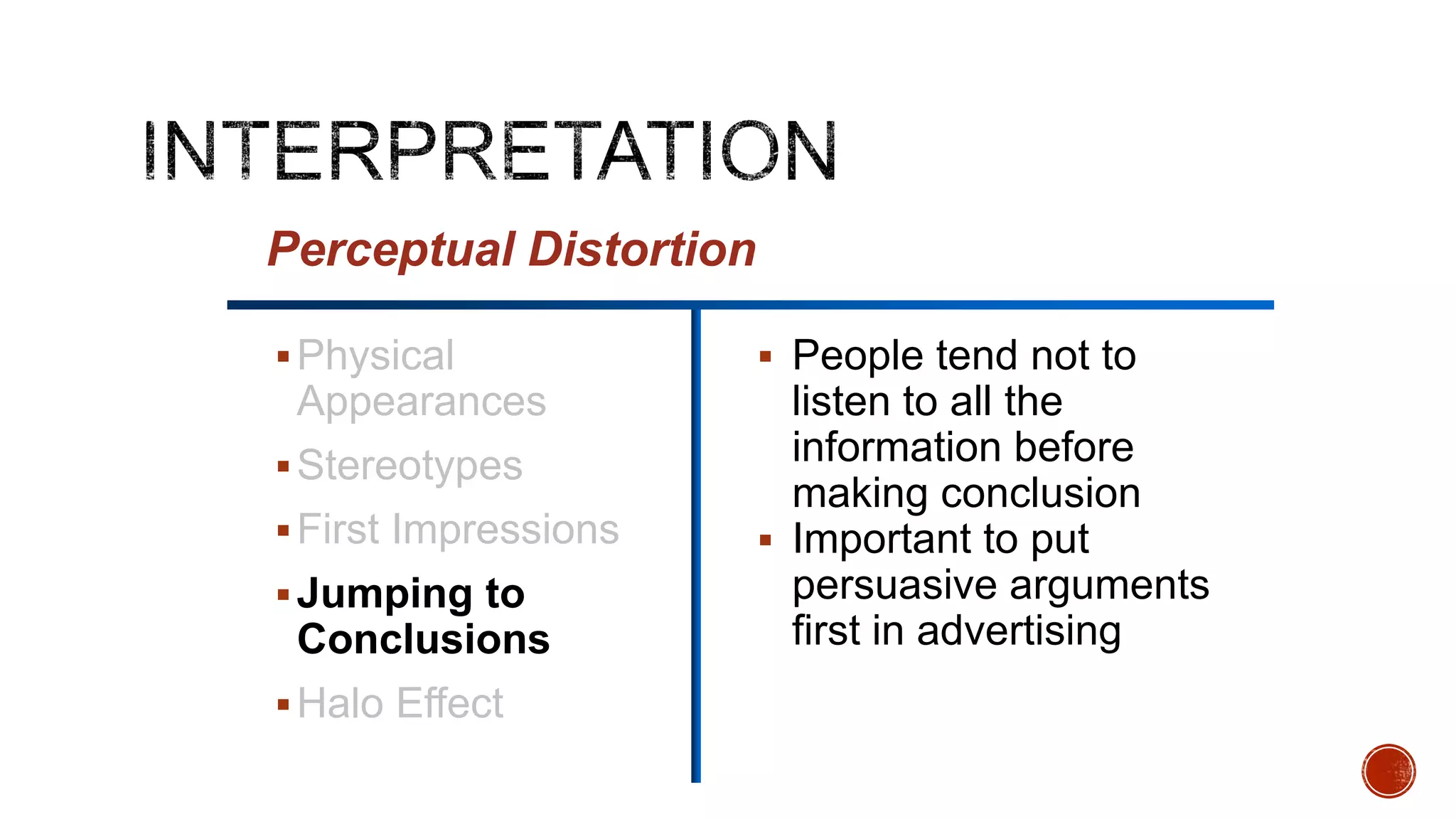 Physical
Appearances
Stereotypes
First Impressions
Jumping to
Conclusions
Halo Effect
 People tend not to
listen to all the
information before
making conclusion
 Important to put
persuasive arguments
first in advertising
Perceptual Distortion
 