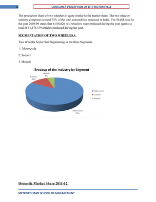 13 CONSUMER PERCEPTION OF LITE MOTORCYCLE
The production share of two wheelers is quite similar to the market share. The two wheeler
industry comprises around 74% of the total automobiles produced in India. The SIAM data for
the year 2008-09 states that 8,418,626 two wheelers were produced during the year against a
total of 11,175,479vehicles produced during the year.
SEGMENTATION OF TWO WHEELERA
Two Wheeler Sector Sub-Segmenting in the three Segments.
1. Motorcycle
2. Scooter
3. Mopeds
Domestic Market Share 2011-12
METROPOLITAN SCHOOL OF MANAGEMENT
 
