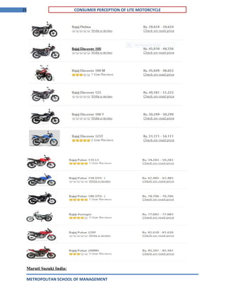25 CONSUMER PERCEPTION OF LITE MOTORCYCLE
Maruti Suzuki India:
METROPOLITAN SCHOOL OF MANAGEMENT
 
