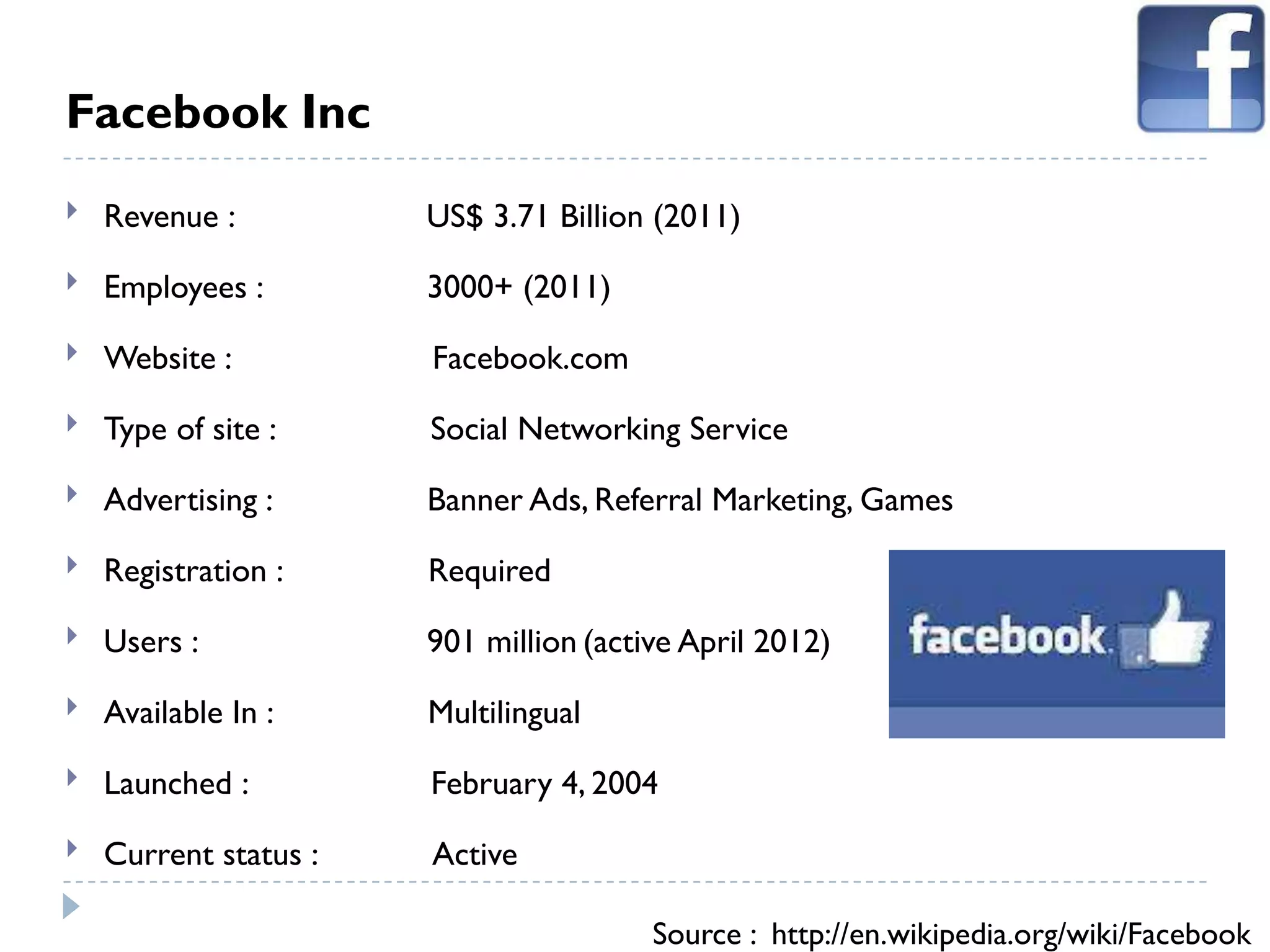 Facebook Inc
   Revenue :          US$ 3.71 Billion (2011)
   Employees :        3000+ (2011)
   Website :          Facebook.com
   Type of site :     Social Networking Service
   Advertising :      Banner Ads, Referral Marketing, Games
   Registration :     Required
   Users :            901 million (active April 2012)
   Available In :     Multilingual
   Launched :         February 4, 2004
   Current status :   Active

                                        Source : http://en.wikipedia.org/wiki/Facebook
 