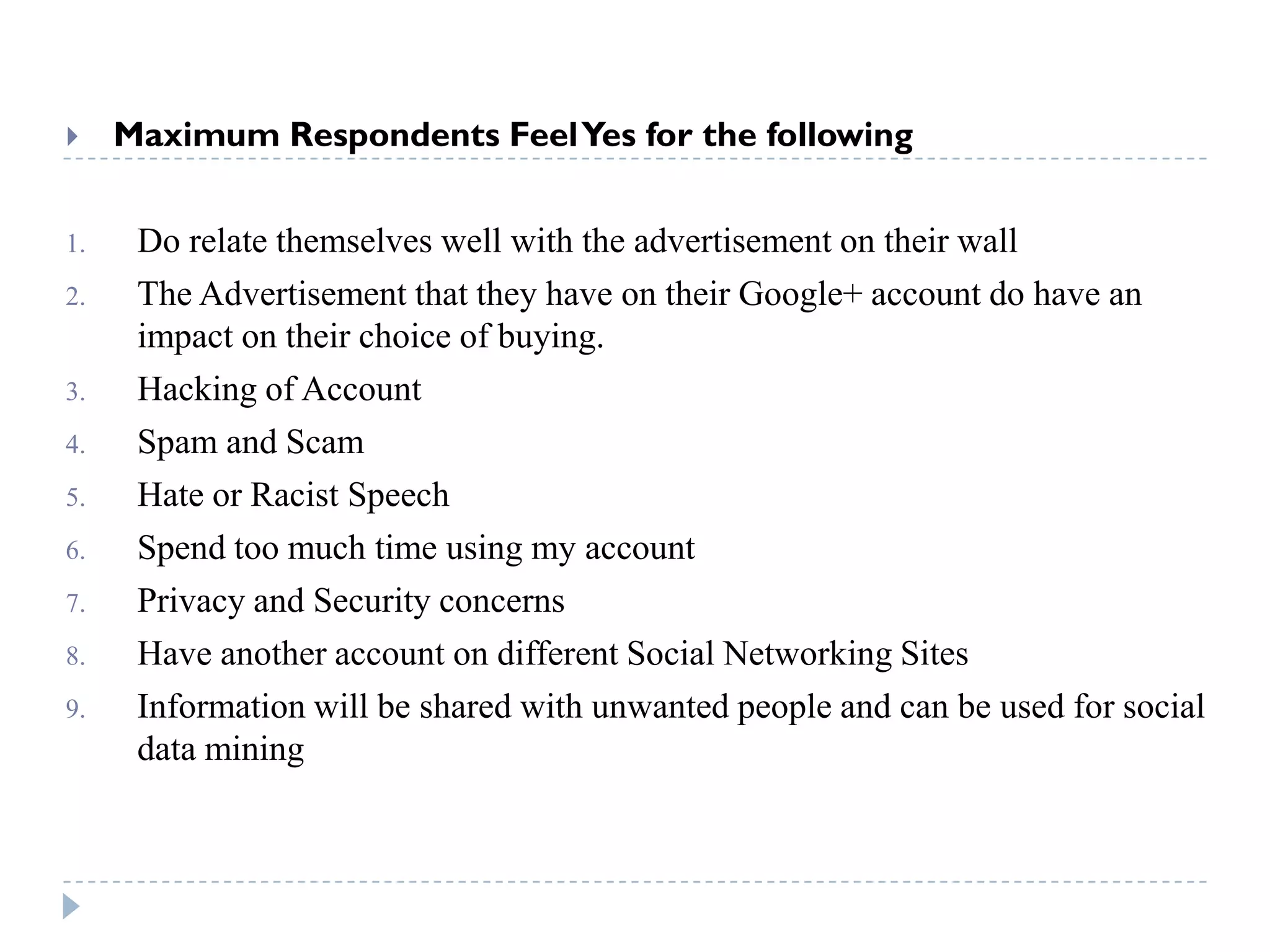     Maximum Respondents Feel Yes for the following


1.    Do relate themselves well with the advertisement on their wall
2.    The Advertisement that they have on their Google+ account do have an
      impact on their choice of buying.
3.    Hacking of Account
4.    Spam and Scam
5.    Hate or Racist Speech
6.    Spend too much time using my account
7.    Privacy and Security concerns
8.    Have another account on different Social Networking Sites
9.    Information will be shared with unwanted people and can be used for social
      data mining
 