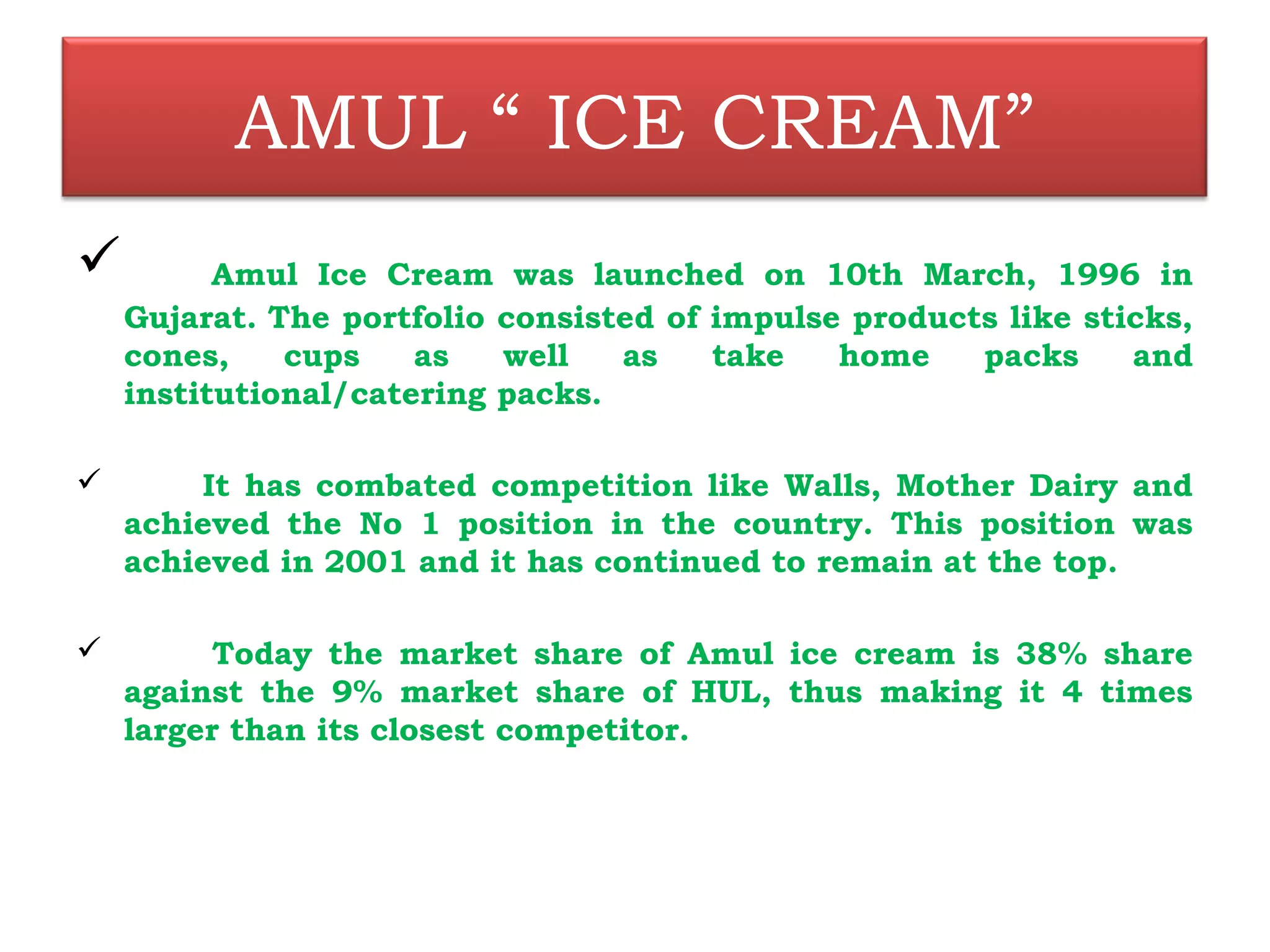 AMUL “ ICE CREAM” 
 Amul Ice Cream was launched on 10th March, 1996 in 
Gujarat. The portfolio consisted of impulse products like sticks, 
cones, cups as well as take home packs and 
institutional/catering packs. 
 It has combated competition like Walls, Mother Dairy and 
achieved the No 1 position in the country. This position was 
achieved in 2001 and it has continued to remain at the top. 
 Today the market share of Amul ice cream is 38% share 
against the 9% market share of HUL, thus making it 4 times 
larger than its closest competitor. 
 
