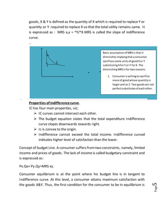 Page5
goods, X & Y is defined as the quantity of X which is required to replace Y or
quantity or Y required to replace X so that the total utility remains same. It
is expressed as : MRS x,y = ^Y/^X.MRS is called the slope of indifference
curve.
..
Properties of Indifferencecurve.
IC has four main properties, viz;
 IC curves cannot intersect each other.
 The budget equation states that the total expenditure Indifference
curve slopes downwards towards right.
 Ic is convex to the origin.
 Indifference cannot exceed the total income. Indifference curved
indicates higher level of satisfaction than the lower.
Concept of budget Line. A consumer suffers fromtwo constraints, namely, limited
income and prices of goods. The lack of income is called budgetary constraint and
is expressed as:
Px.Qx+ Py.Qy=MRS xy.
Consumer equilibrium is at the point where his budget line is in tangent to
Indifference curve. At this level, a consumer attains maximum satisfaction with
the goods X&Y. Thus, the first condition for the consumer to be in equilibrium is
Basic assumption of MRSis that it
diminishesimplyingthataconsumer
sacrificessome unitsof goodXor Y
substitutingXforY or Y forX. The
diminishingMRSisfor tworeasons:
1. Consumeriswillingtosacrifice
more of goodwhose quantityis
largerand as 2. Two goodsare not
perfectsubstitutesof eachother.
Figure 1
 