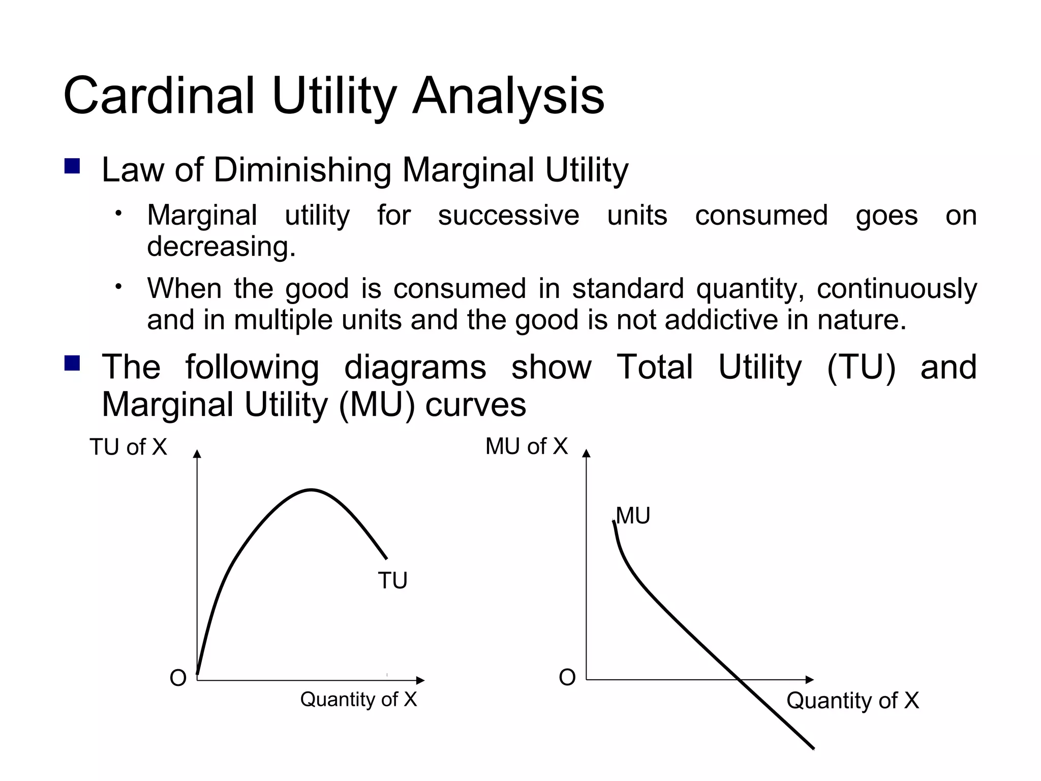 Cardinal Utility Analysis


Law of Diminishing Marginal Utility
•
•



Marginal utility for successive units consumed goes on
decreasing.
When the good is consumed in standard quantity, continuously
and in multiple units and the good is not addictive in nature.

The following diagrams show Total Utility (TU) and
Marginal Utility (MU) curves
MU of X

TU of X

MU
TU

O

Quantity of X

O

Quantity of X

 