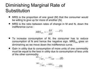 MRS is the proportion of one good (M) that the consumer would be willing to give up for more of another  (N) MRS is the ratio between rates of change in M and N, down the indifference curve  :  … ..(1)   To increase consumption of M, the consumer has to  reduce  consumption of N and hence the negative sign. MRS MN  goes on diminishing as we move down the indifference curve. Gain in utility due to consumption of more units of one commodity must be equal to the loss in utility due to consumption of less units of the other commodity  … ..(2)   … ..(3)   Diminishing Marginal Rate of Substitution   