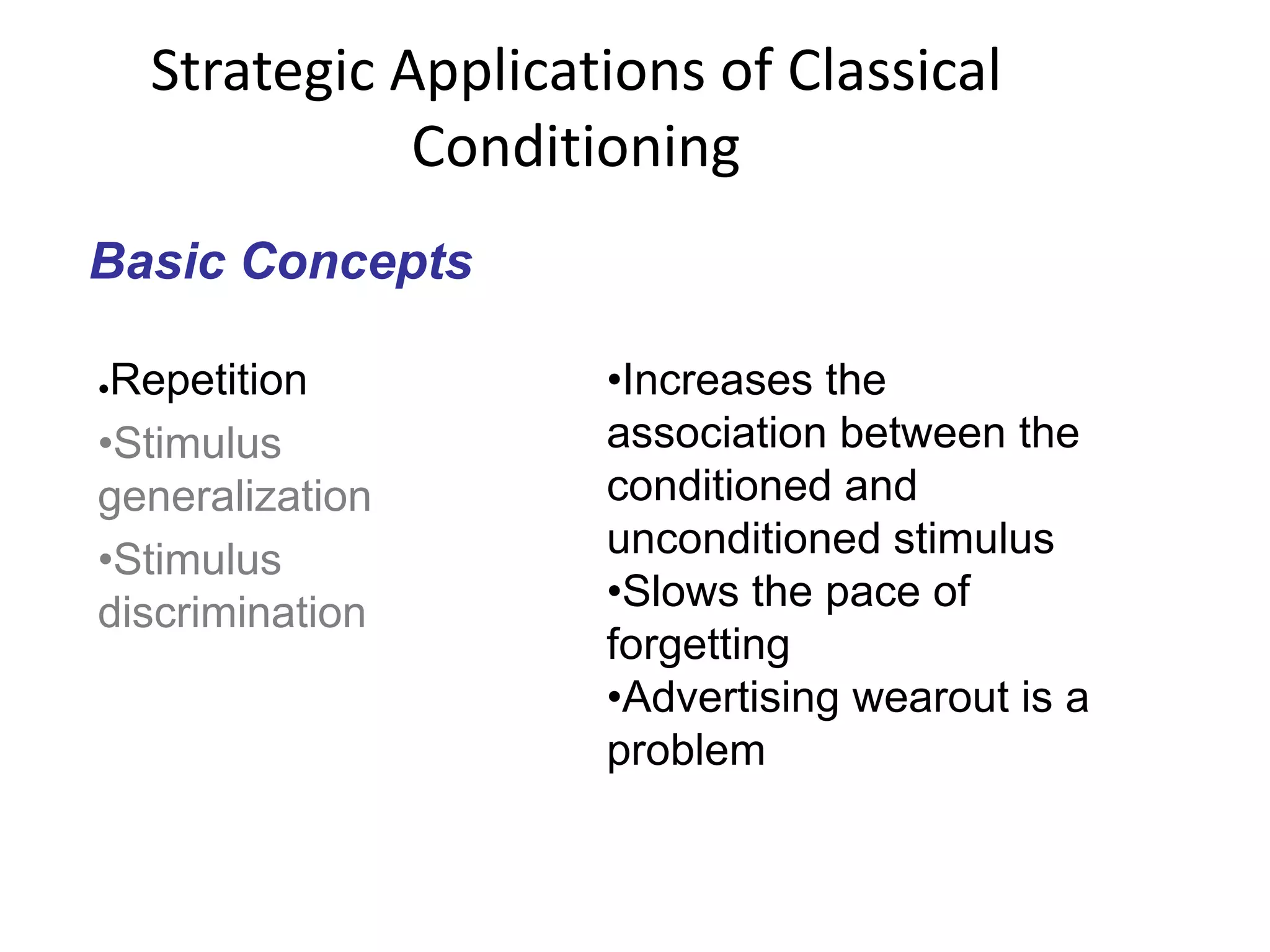 Strategic Applications of Classical
Conditioning
Basic Concepts
●Repetition
•Stimulus
generalization
•Stimulus
discrimination
•Increases the
association between the
conditioned and
unconditioned stimulus
•Slows the pace of
forgetting
•Advertising wearout is a
problem
 