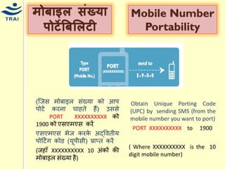 (श्जस िोबाइल संख्र्ा को आप पोटय करना िाहते हैं) उससे PORT XXXXXXXXXX को 1900 को एसएिएस करें 
एसएिएस भेज करके अद्ववतीर् पोहटिंग कोड (र्ूपीसी) प्राप्त करें 
(जहाँ XXXXXXXXXX 10 अंकों की िोबाइल संख्र्ा है) 
मोबाइल संख्र्ा पोटेबबललटी 
Mobile Number Portability 
Obtain Unique Porting Code (UPC) by sending SMS (from the mobile number you want to port) 
PORT XXXXXXXXXX to 1900 
( Where XXXXXXXXXX is the 10 digit mobile number) 
 