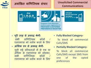 पूरी तरह से अिरुद्ध श्रेणी- 
सभी वाणणश्यर्क कॉलों / एसएिएस को ब्लॉक करने के मलए आंलिर् रूप से अिरुद्ध श्रेणी- 
िुनी गई वरीर्ताओं िें से एक र्ा अधिक से एसएिएस को छोड़कर, सभी वाणणश्यर्क कॉलों / एसएिएस को ब्लॉक करने के मलए 
अिांनित िाणणज्यर्र् संचार 
Fully Blocked Category- 
To block all commercial Calls/SMS 
Partially Blocked Category- 
To block all commercial Calls/SMS except SMS from one of the opted preferences 
Unsolicited Commercial Communications  