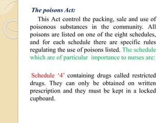 Schedule’8’ containing drugs od addiction. The
regulations relating to poisonous drugs are:
 They must be stored in a sep...