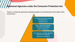 Redressal Agencies under the Consumer Protection Act
There is a three-tier grievance redressal system for enforcement of the rights of the
Consumers :-
The district consumer dispute
redressal forum
(district forum)
State consumer disputes
redressal commission
(state commission)
The national consumer disputes
redressal commission
(national commission)
 