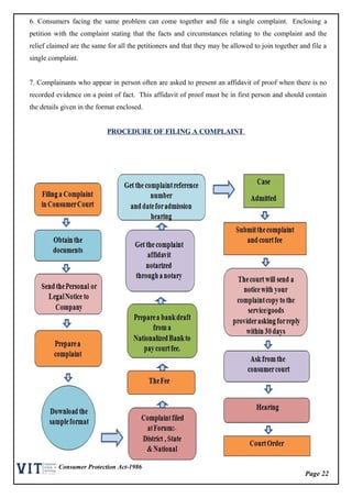 Page 22
Consumer Protection Act-1986
6. Consumers facing the same problem can come together and file a single complaint. Enclosing a
petition with the complaint stating that the facts and circumstances relating to the complaint and the
relief claimed are the same for all the petitioners and that they may be allowed to join together and file a
single complaint.
7. Complainants who appear in person often are asked to present an affidavit of proof when there is no
recorded evidence on a point of fact. This affidavit of proof must be in first person and should contain
the details given in the format enclosed.
PROCEDURE OF FILING A COMPLAINT
 