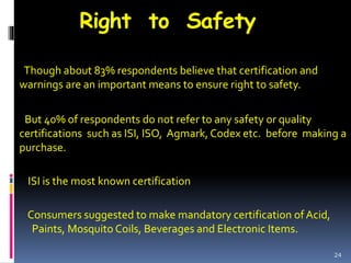 Right to Safety
Though about 83% respondents believe that certification and
warnings are an important means to ensure right to safety.
But 40% of respondents do not refer to any safety or quality
certifications such as ISI, ISO, Agmark, Codex etc. before making a
purchase.
ISI is the most known certification
Consumers suggested to make mandatory certification ofAcid,
Paints, Mosquito Coils, Beverages and Electronic Items.
24
 