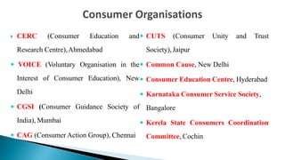  CERC (Consumer Education and
Research Centre),Ahmedabad
 VOICE (Voluntary Organisation in the
Interest of Consumer Education), New
Delhi
 CGSI (Consumer Guidance Society of
India), Mumbai
 CAG (Consumer Action Group), Chennai
 CUTS (Consumer Unity and Trust
Society),Jaipur
 Common Cause, New Delhi
 Consumer Education Centre, Hyderabad
 Karnataka Consumer Service Society,
Bangalore
 Kerela State Consumers Coordination
Committee, Cochin
 