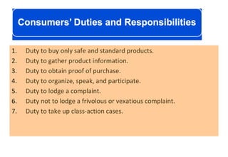 1. Duty to buy only safe and standard products.
2. Duty to gather product information.
3. Duty to obtain proof of purchase...