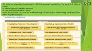 23
The online portal provides instructions of e-filing of consumer complaints on the portal in 2 different
modes:
(i) Video Instructions (in English and Hindi)
(ii) User manual (script only in English)
Hence, the consumer can clarify his doubts in e-filing and have a clear understanding about the process
before filing the complaint
 