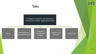 Tabs
26
5 Categories shown in the Consumer
Commission Online- Application Portal
Home
Complainant /
Advocate Section
Consumer
Commission
Section
Help & user
manuals
Useful links
 