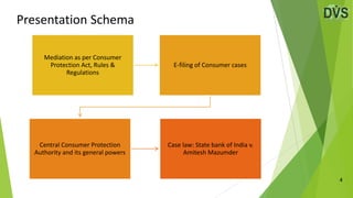 4
Presentation Schema
Mediation as per Consumer
Protection Act, Rules &
Regulations
E-filing of Consumer cases
Central Consumer Protection
Authority and its general powers
Case law: State bank of India v.
Amitesh Mazumder
 