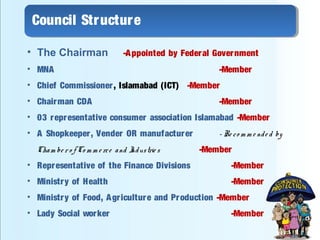 Council Structure
• The Chairman -Appointed by Federal Government
• MNA -Member
• Chief Commissioner, Islamabad (ICT) -Member
• Chairman CDA -Member
• 03 representative consumer association Islamabad -Member
• A Shopkeeper, Vender OR manufacturer - Re co m m e nde d by
Cham be r o f Co m m e rce and Industrie s -Member
• Representative of the Finance Divisions -Member
• Ministry of Health -Member
• Ministry of Food, Agriculture and Production -Member
• Lady Social worker -Member
 
