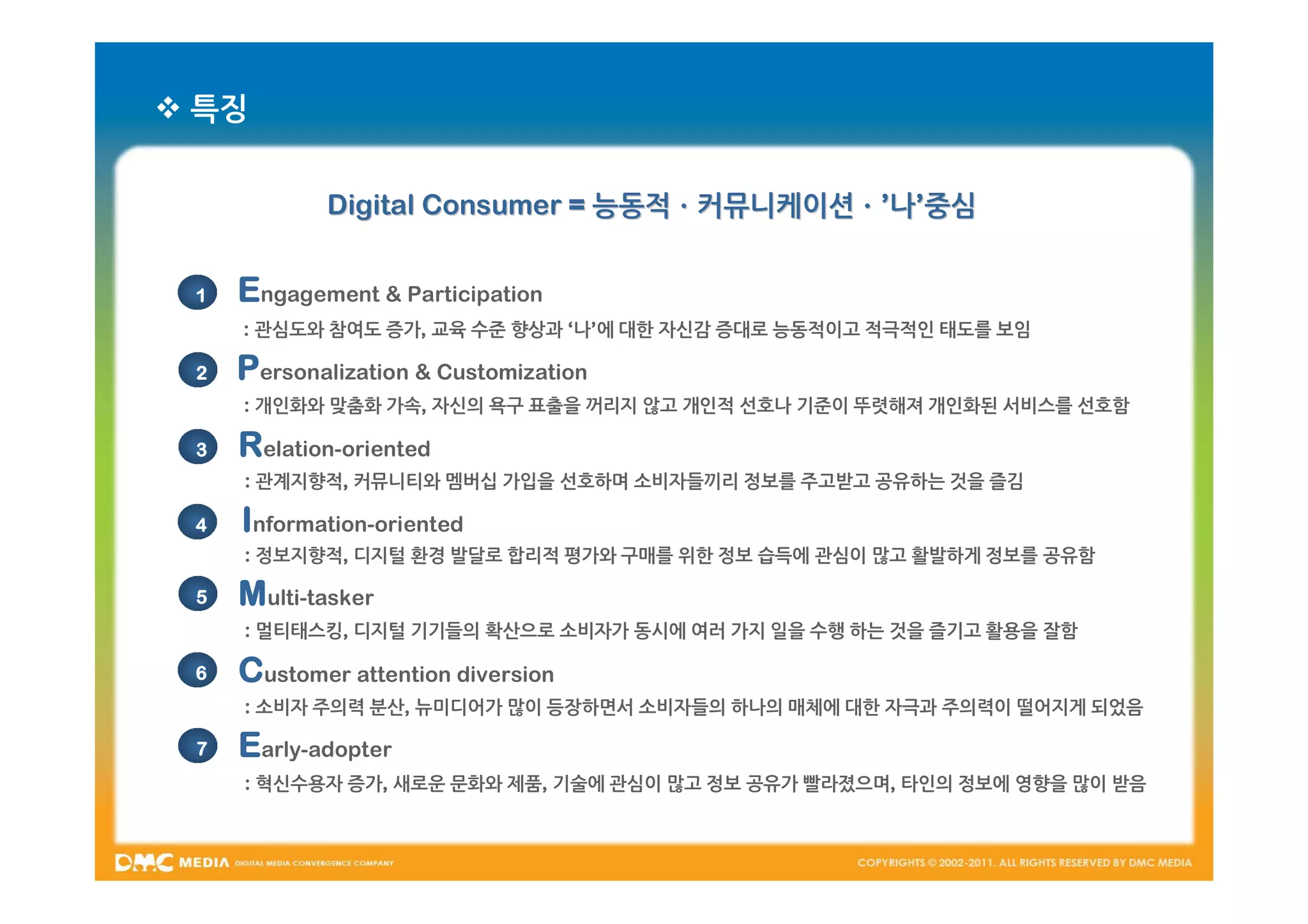  특징


            Digital Consumer = 능동적ㆍ커뮤니케이션ㆍ’나’중심


 1   Engagement & Participation
     : 관심도와 참여도 증가, 교육 수준 향상과 ‘나’에 대한 자신감 증대로 능동적이고 적극적인 태도를 보임

 2   Personalization & Customization
     : 개인화와 맞춤화 가속, 자신의 욕구 표출을 꺼리지 않고 개인적 선호나 기준이 뚜렷해져 개인화된 서비스를 선호함

 3   Relation-oriented
     : 관계지향적, 커뮤니티와 멤버십 가입을 선호하며 소비자들끼리 정보를 주고받고 공유하는 것을 즐김

 4   Information-oriented
     : 정보지향적, 디지털 환경 발달로 합리적 평가와 구매를 위한 정보 습득에 관심이 많고 활발하게 정보를 공유함

 5   Multi-tasker
     : 멀티태스킹, 디지털 기기들의 확산으로 소비자가 동시에 여러 가지 일을 수행 하는 것을 즐기고 활용을 잘함

 6   Customer attention diversion
     : 소비자 주의력 분산, 뉴미디어가 많이 등장하면서 소비자들의 하나의 매체에 대한 자극과 주의력이 떨어지게 되었음

 7   Early-adopter
     : 혁신수용자 증가, 새로운 문화와 제품, 기술에 관심이 많고 정보 공유가 빨라졌으며, 타인의 정보에 영향을 많이 받음
 