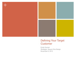+

Defining Your Target
Customer
Emily Gremel
Strategist, Square One Design
November 6, 2013

 