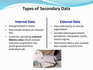 Types of Secondary Data
Internal Data
Data generated in‐house
May include analysis of customer
files
Useful for calculatin...