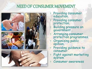 NEED OF CONSUMER MOVEMENT
† Providing consumer
education.
† Providing consumer
protection.
† Building pressure on
government .
† Arranging consumer
protection programmes.
† Organizing public
opinion.
† Providing guidance to
consumer.
† Fight against marketing
system
† Consumer awareness
 