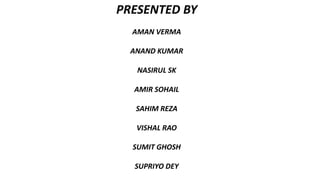PRESENTED BY
AMAN VERMA
ANAND KUMAR
NASIRUL SK
AMIR SOHAIL
SAHIM REZA
VISHAL RAO
SUMIT GHOSH
SUPRIYO DEY
 