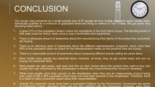 CONCLUSION
Our survey was answered by a small sample size of 97 people all from middle class and upper middle class,
technically qualified at a minimum of graduation level and living in metros or Tier II cities. We got some very
shocking observations:
1. A good 27% of the population doesn’t check the ingredients of the food items it buys. The deciding factor in
that case could be: brand, taste, price or just a favourable prior experience.
2. There is adequate amount of awareness about the manufacturing time stamp of the product the consumers
are buying.
3. There is an alarming need of awareness about the different standardization programs, since more than
50% of the population does not check for the standardization marks on the products they are buying.
4. There is a reasonable amount of awareness about comparing different brands selling the same items.
5. Most middle class people buy essential items. However, at times, they do get carried away and end up
buying non-essential items.
6. Most people are well aware, well read and firm on their choice about the product they want to buy and
usually don’t get influenced by the shopkeeper or friends into compromising their choice or necessity.
7. While most people voice their concern to the shopkeeper when they see an inappropriate product being
sold, there is still a 38% population which does not voice their opinions to the shopkeeper. Therefore, there
is a need to make consumers aware about their responsibilities.
8. Overall, the consumer courts have been a successful initiative by the Government. Consumers are aware
 