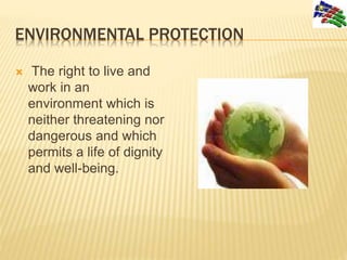 ENVIRONMENTAL PROTECTION
 The right to live and
work in an
environment which is
neither threatening nor
dangerous and whi...