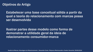 Objetivos do Artigo 
Estabelecer uma base conceitual sólida a partir da 
qual a teoria do relacionamento com marcas possa 
ser desenvolvida 
Ilustrar partes desse modelo como forma de 
demonstrar a utilidade geral da ideia de 
relacionamento consumidor-marca 
Gestão de Marcas: Abordagem de Relacionamento | Alexandre Conte, Pollyanna Mantovanello e Suelen Henschel| 28.08.2014 
 