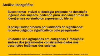 Análise Ideográfica 
Busca tornar visível a ideologia presente na descrição 
ingênua dos sujeitos, podendo para isso lançar mão de 
ideogramas ou símbolos expressando ideias 
O pesquisador procura por unidades de significado: 
recortes julgados significativos pelo pesquisador 
Unidades são agrupadas em categorias > reduções: 
síntese dos julgamentos consistentes dados nas 
descrições ingênuas dos sujeitos 
Gestão de Marcas: Abordagem de Relacionamento | Alexandre Conte, Pollyanna Mantovanello e Suelen Henschel| 28.08.2014 
 