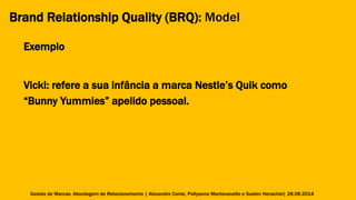 Brand Relationship Quality (BRQ): Model 
Exemplo 
Vicki: refere a sua infância a marca Nestle’s Quik como 
“Bunny Yummies” apelido pessoal. 
Gestão de Marcas: Abordagem de Relacionamento | Alexandre Conte, Pollyanna Mantovanello e Suelen Henschel| 28.08.2014 
 