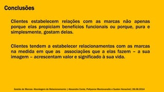 Conclusões 
Clientes estabelecem relações com as marcas não apenas 
porque elas propiciam benefícios funcionais ou porque, pura e 
simplesmente, gostam delas. 
Clientes tendem a estabelecer relacionamentos com as marcas 
na medida em que as associações que a elas fazem – a sua 
imagem – acrescentam valor e significado à sua vida. 
Gestão de Marcas: Abordagem de Relacionamento | Alexandre Conte, Pollyanna Mantovanello e Suelen Henschel| 28.08.2014 
 