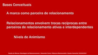 Bases Conceituais 
A marca como parceira de relacionamento 
Relacionamentos envolvem trocas recíprocas entre 
parceiros de relacionamento ativos e interdependentes 
Níveis de Animismo 
Gestão de Marcas: Abordagem de Relacionamento | Alexandre Conte, Pollyanna Mantovanello e Suelen Henschel| 28.08.2014 
 