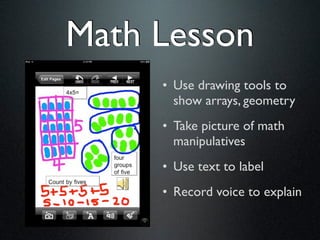 Math Lesson
     • Use drawing tools to
       show arrays, geometry
     • Take picture of math
       manipulatives
     • Use text to label
     • Record voice to explain
 