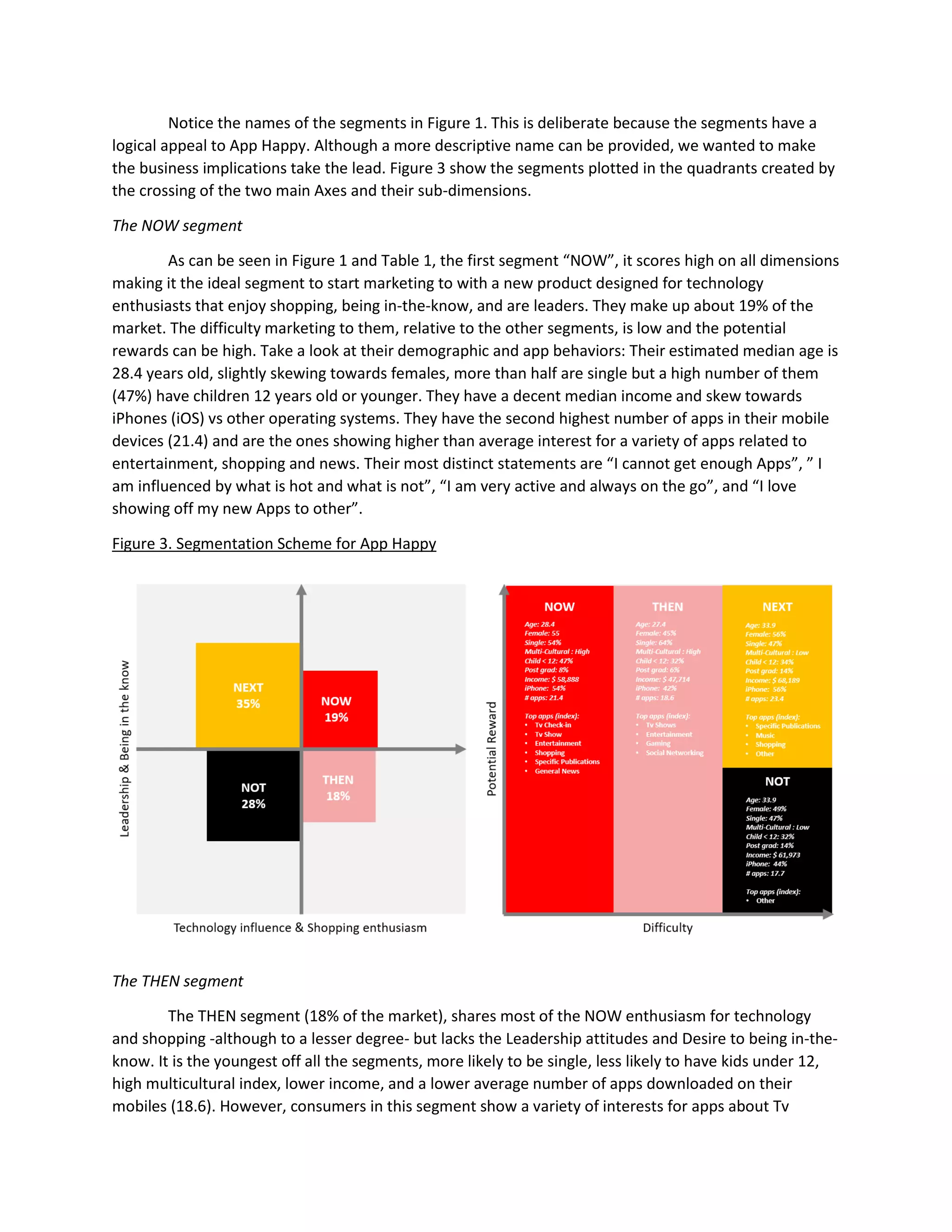 Notice the names of the segments in Figure 1. This is deliberate because the segments have a
logical appeal to App Happy. Although a more descriptive name can be provided, we wanted to make
the business implications take the lead. Figure 3 show the segments plotted in the quadrants created by
the crossing of the two main Axes and their sub-dimensions.
The NOW segment
As can be seen in Figure 1 and Table 1, the first segment “NOW”, it scores high on all dimensions
making it the ideal segment to start marketing to with a new product designed for technology
enthusiasts that enjoy shopping, being in-the-know, and are leaders. They make up about 19% of the
market. The difficulty marketing to them, relative to the other segments, is low and the potential
rewards can be high. Take a look at their demographic and app behaviors: Their estimated median age is
28.4 years old, slightly skewing towards females, more than half are single but a high number of them
(47%) have children 12 years old or younger. They have a decent median income and skew towards
iPhones (iOS) vs other operating systems. They have the second highest number of apps in their mobile
devices (21.4) and are the ones showing higher than average interest for a variety of apps related to
entertainment, shopping and news. Their most distinct statements are “I cannot get enough Apps”, ” I
am influenced by what is hot and what is not”, “I am very active and always on the go”, and “I love
showing off my new Apps to other”.
Figure 3. Segmentation Scheme for App Happy
The THEN segment
The THEN segment (18% of the market), shares most of the NOW enthusiasm for technology
and shopping -although to a lesser degree- but lacks the Leadership attitudes and Desire to being in-the-
know. It is the youngest off all the segments, more likely to be single, less likely to have kids under 12,
high multicultural index, lower income, and a lower average number of apps downloaded on their
mobiles (18.6). However, consumers in this segment show a variety of interests for apps about Tv
 