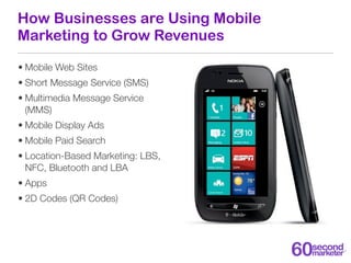 How Businesses are Using Mobile
Marketing to Grow Revenues

• Mobile Web Sites
• Short Message Service (SMS)
• Multimedia ...