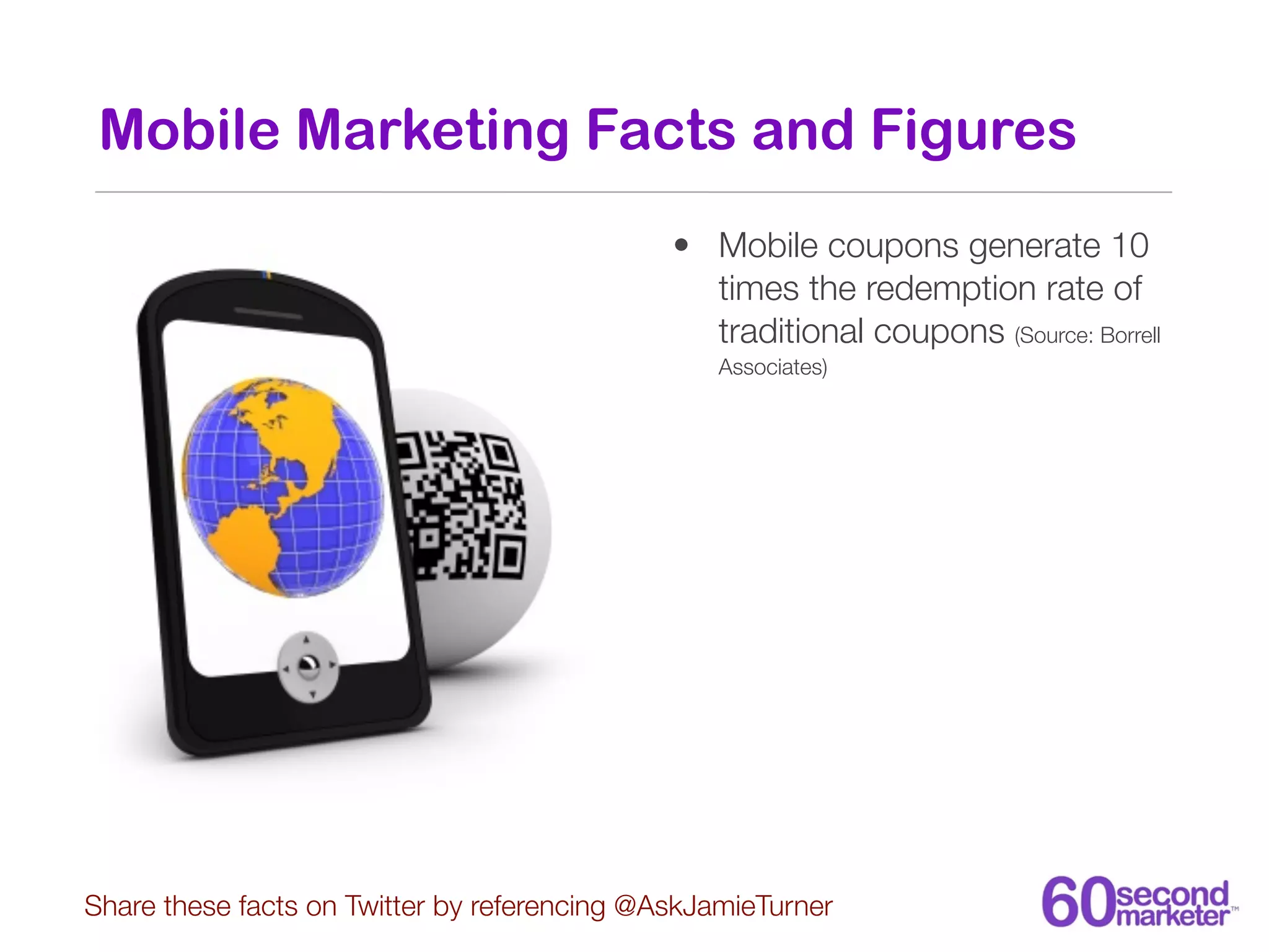 Mobile Marketing Facts and Figures
                                              • Mobile coupons generate 10
                                                times the redemption rate of
                                                traditional coupons (Source: Borrell
                                                 Associates)




Share these facts on Twitter by referencing @AskJamieTurner
 