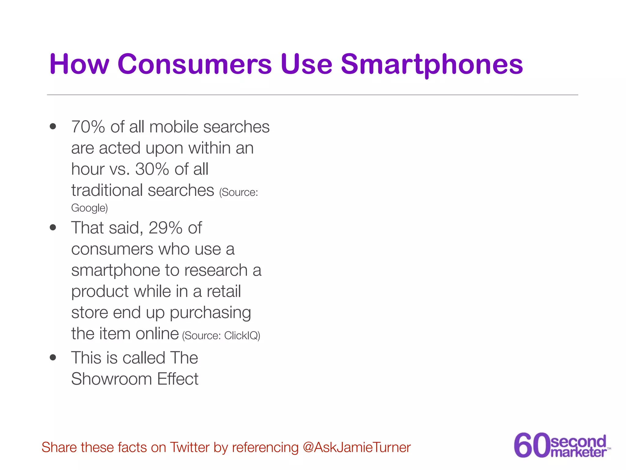 How Consumers Use Smartphones

 • 70% of all mobile searches
   are acted upon within an
   hour vs. 30% of all
   traditional searches (Source:
    Google)

 • That said, 29% of
   consumers who use a
   smartphone to research a
   product while in a retail
   store end up purchasing
   the item online (Source: ClickIQ)
 • This is called The
   Showroom Effect


Share these facts on Twitter by referencing @AskJamieTurner
 