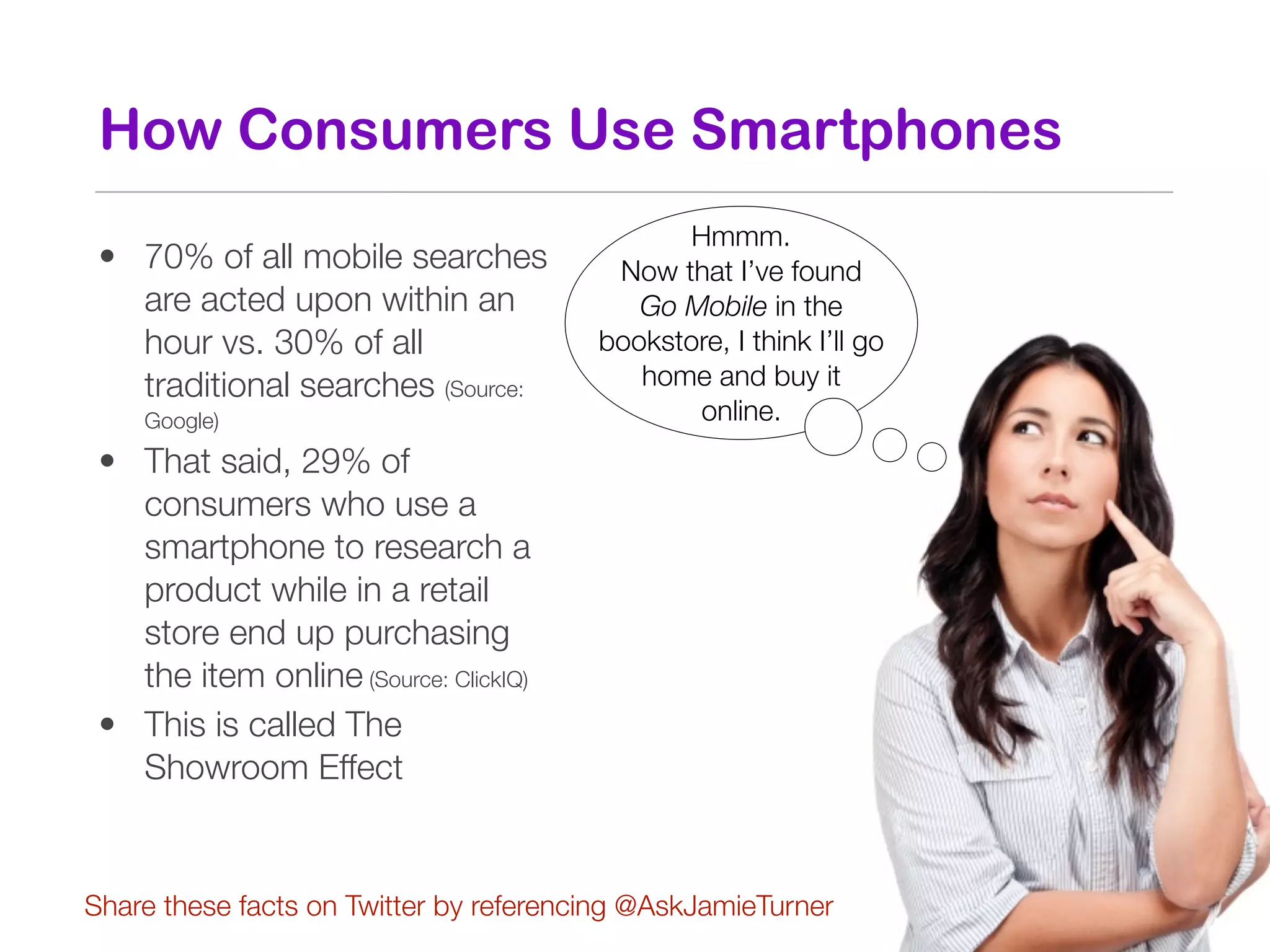 How Consumers Use Smartphones
                                               Hmmm.
 • 70% of all mobile searches            Now that I’ve found
   are acted upon within an                Go Mobile in the
   hour vs. 30% of all                  bookstore, I think I’ll go
   traditional searches (Source:           home and buy it
    Google)                                    online.
 • That said, 29% of
   consumers who use a
   smartphone to research a
   product while in a retail
   store end up purchasing
   the item online (Source: ClickIQ)
 • This is called The
   Showroom Effect


Share these facts on Twitter by referencing @AskJamieTurner
 