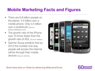 Mobile Marketing Facts and Figures
• There are 6.8 billion people on
  the planet. 4.0 billion own a
  mobile phone. Only ...